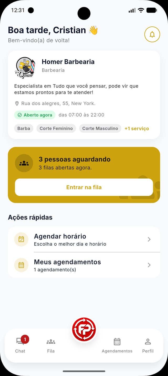Aplicativo do cliente FilaPro: dados do estabelecimento, fila com 3 pessoas aguardando, botão Entrar na fila e ações rápidas para agendar horário e ver agendamentos